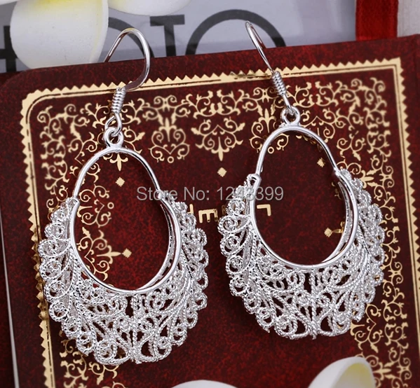 Free shipping!!!Brass Drop Earring 2014 new fashion girl real silver plated nickel lead & cadmium free 52x28mm 10Pairs/Lot | Украшения и