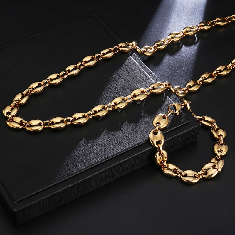 

HIP Hop Width 11MM Stainless Steel Gold Coffee Beans Link Chain Necklace Chain Necklaces 316L Stainless For Men Jewelry