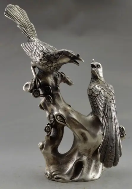

Collectible Decorated Old Handwork White Copper Carve Pair Magpie On Tree Statue