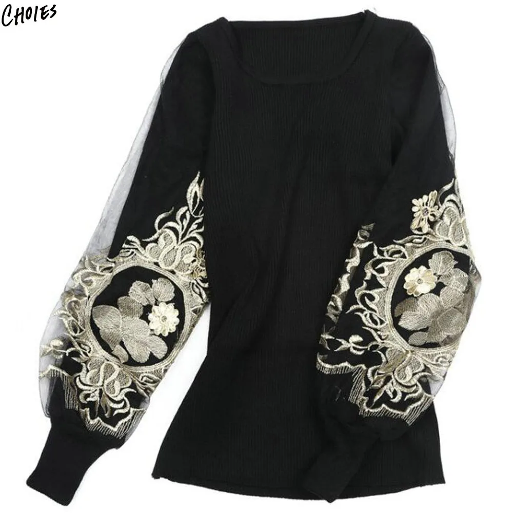 Черный с цветочной вышивкой джемпер patchworked сетчатыми рукавами трикотажный