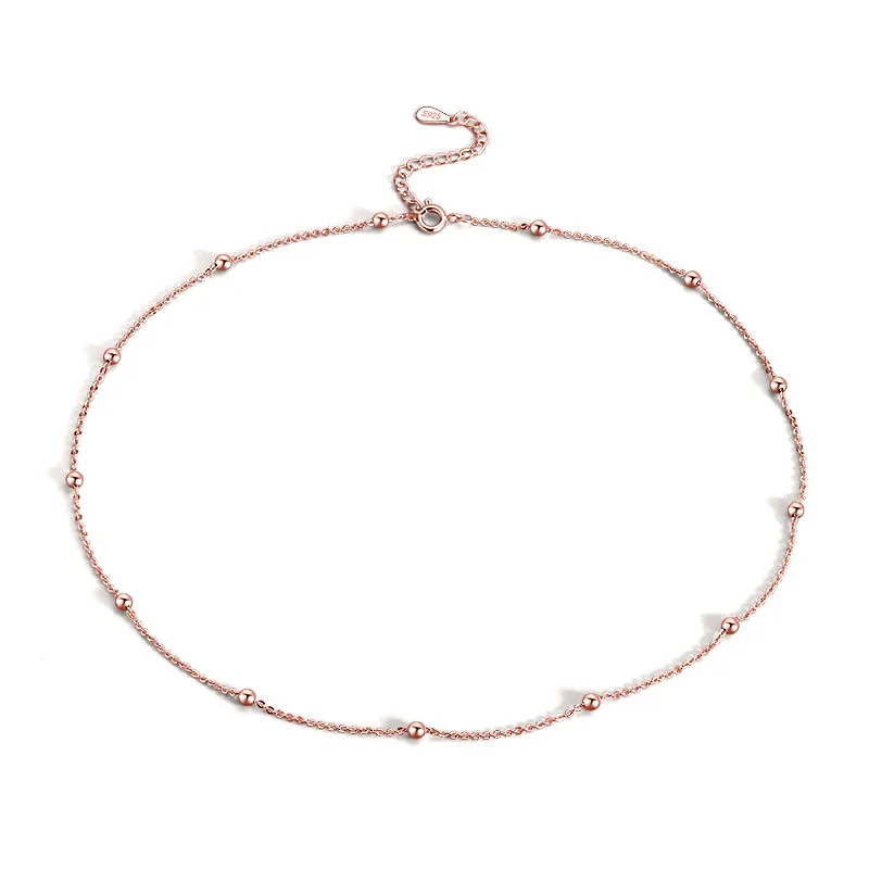 Rose Gold Минималистичная Шейная цепочка из стерлингового серебра 925 пробы, ожерелье из розового золота, интервал бусины, колье-чокер для женщин, вечерние ювелирные изделия SN002 - Окраска металла: Rose Gold