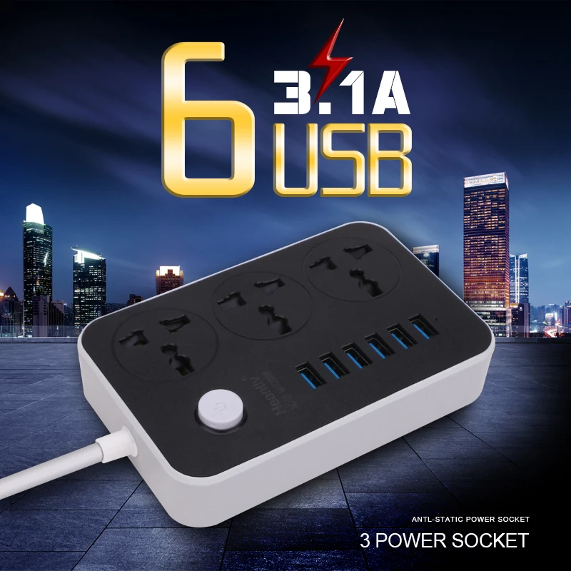 1,8 м Мощность гнездо для шнура удлинителя с 6 USB Мощность полосы 3 розетки адаптер стены Зарядное устройство адаптер док-станция 5V 3.1A для телефона для дома