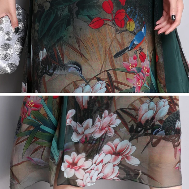 Женское винтажное длинное шелковое платье повседневное Свободное с цветочным