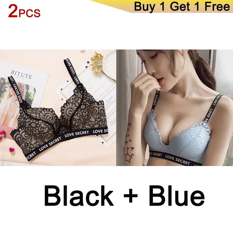BLACK BLUE DERUILADY, 2 шт., кружевные цветочные надписи, бретели, бюстгальтер для женщин, плюс размер, сексуальное женское белье, комфортный Регулируемый беспроводной бюстгальтер, пуш-ап, женский бюстгальтер - Цвет: BLACK BLUE