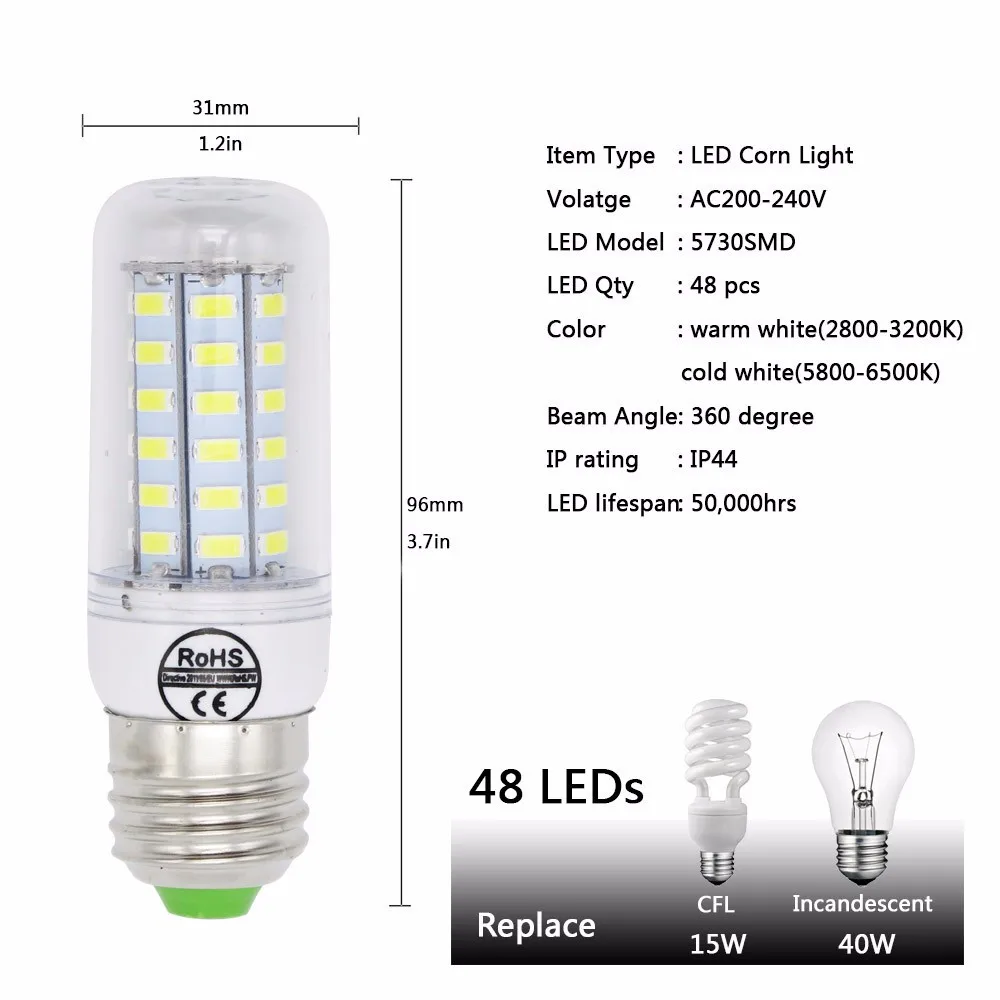 Супер яркий E27 E14 5730 SMD светодиодный светильник 220 В кукурузная лампа 24 30 42 64 80 89 с