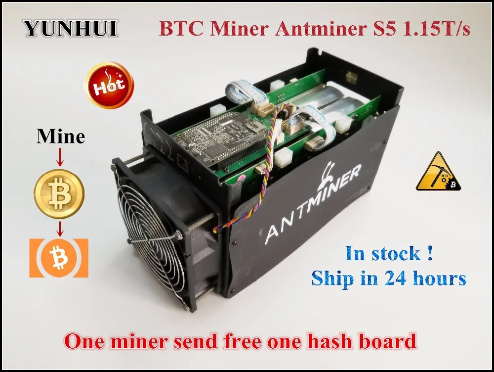 

YUNHUI BTC miner Used Antminer S5 1150G 28NM BM1384 Bitcoin mining machine ASIC miner ( no power supply )