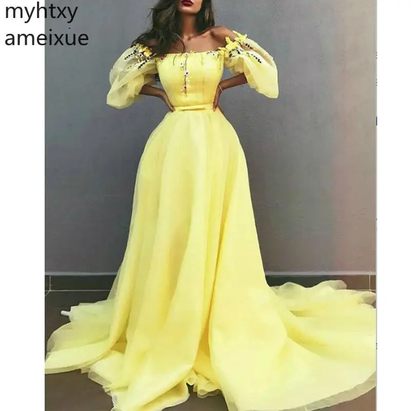Женское вечернее платье с пышными рукавами желтое ТРАПЕЦИЕВИДНОЕ ПЛАТЬЕ