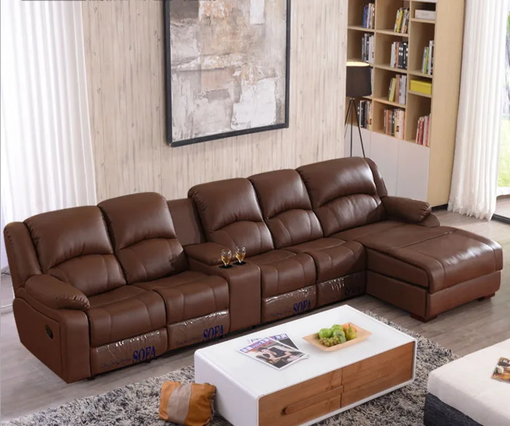 

living room sofa Recliner Sofa, cow Genuine Leather Sofa, Cinema 4 seater+coffee table+chaise sectional L shape home furniture