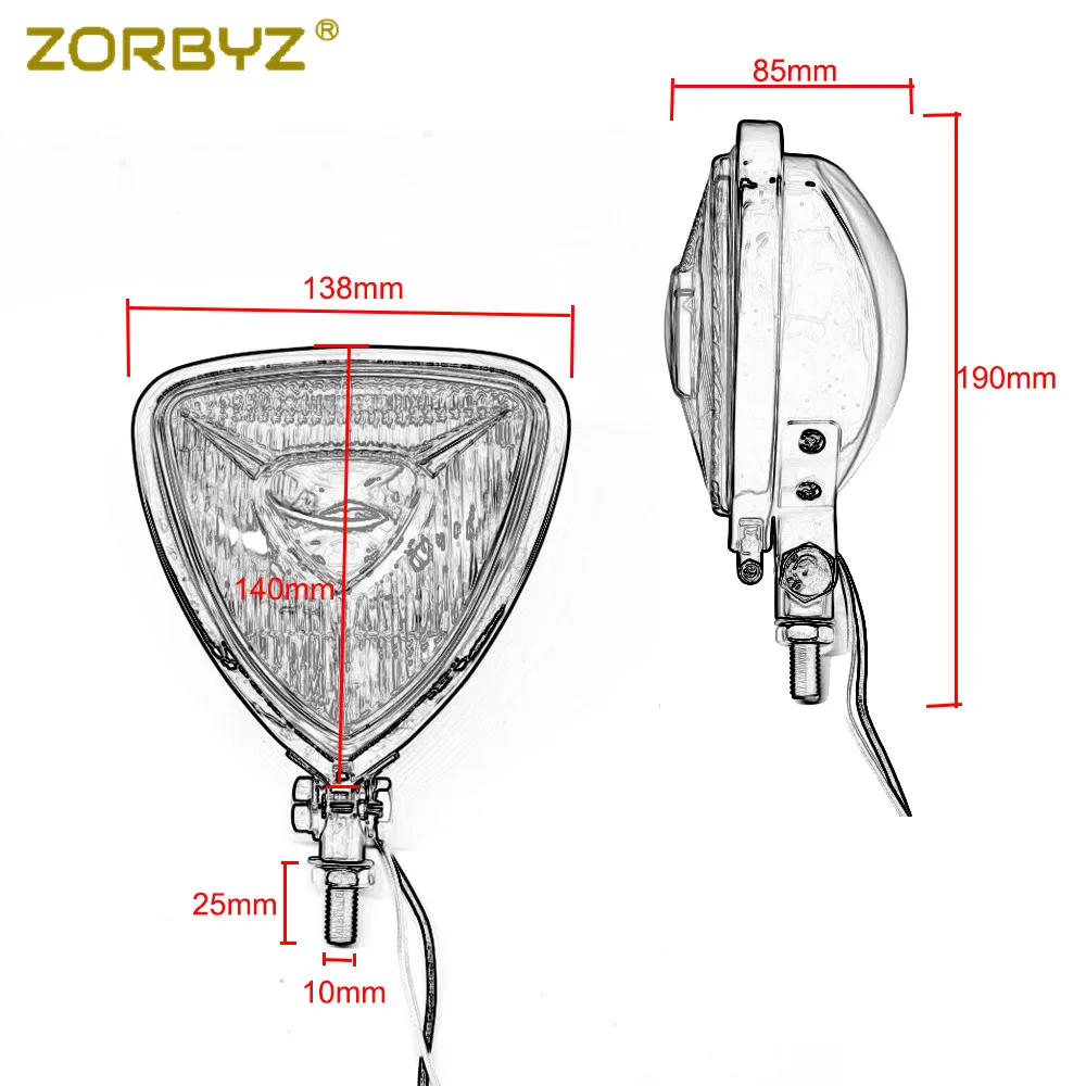 Мотоциклетная треугольная фара ZORBYZ Хромированная с плоской задней стороной для