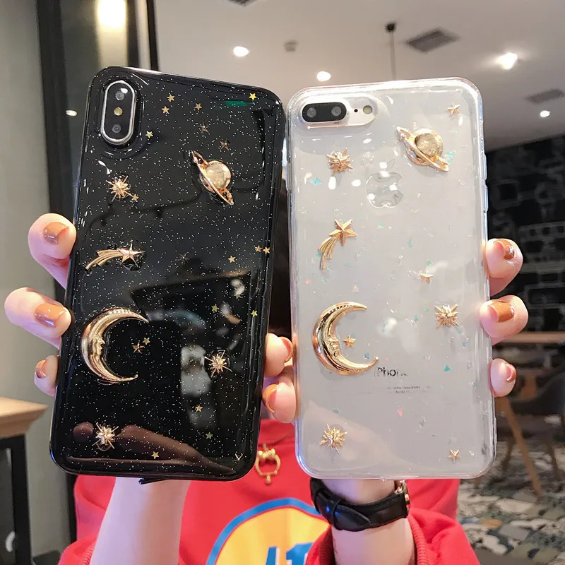 Silicone Planet Star Sequin Phone Case For iPhone X XS Max XR Gold Moon Decor 7 6S 6 8 Plus Cover Fundas |