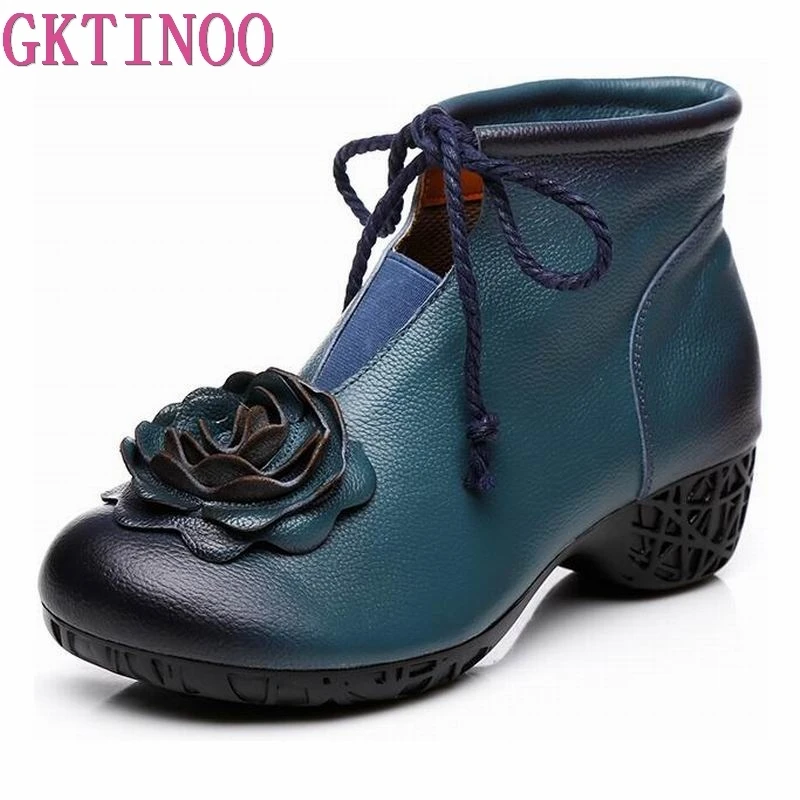 Женские ботильоны из воловьей кожи GKTINOO Зимние ручной работы на высоком каблуке в