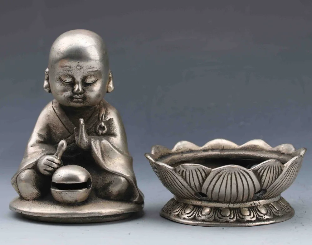 

CHINESE Tibetan silver HAND-CARVED INCENSE BURNER&SEATED BUDDHA LID