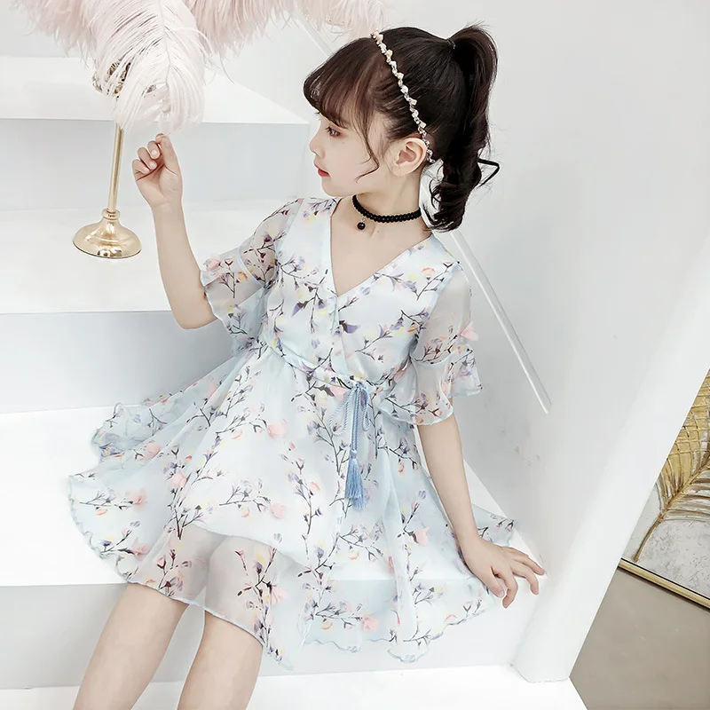 Kids Dresses for Girls 2019 Summer Dress Toddler Children V-neck Chiffon 2 3 4 5 6 7 8 9 10 11 12 13 Years | Детская одежда и