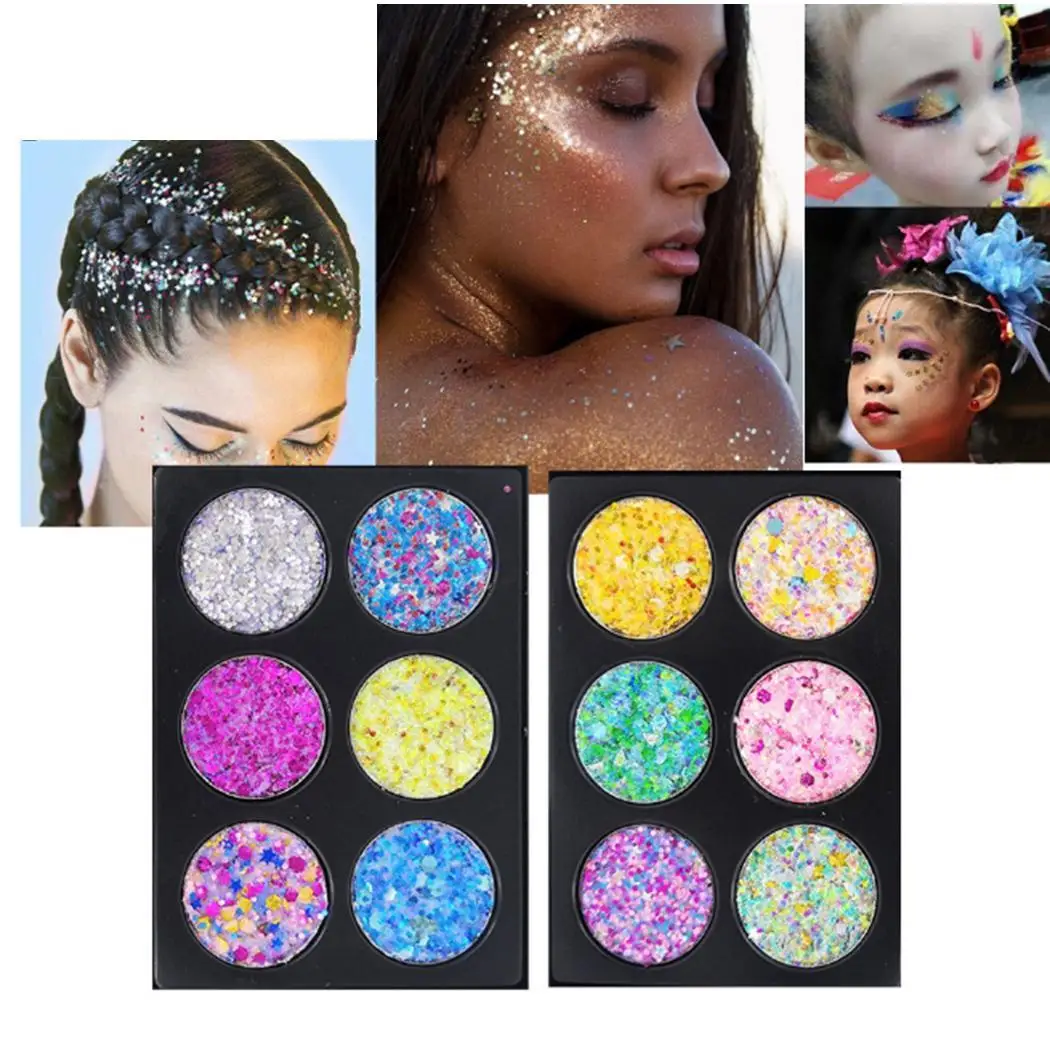 6 цветов блестящие тени вечерние Макияж Яркий глиттер повседневный для свиданий