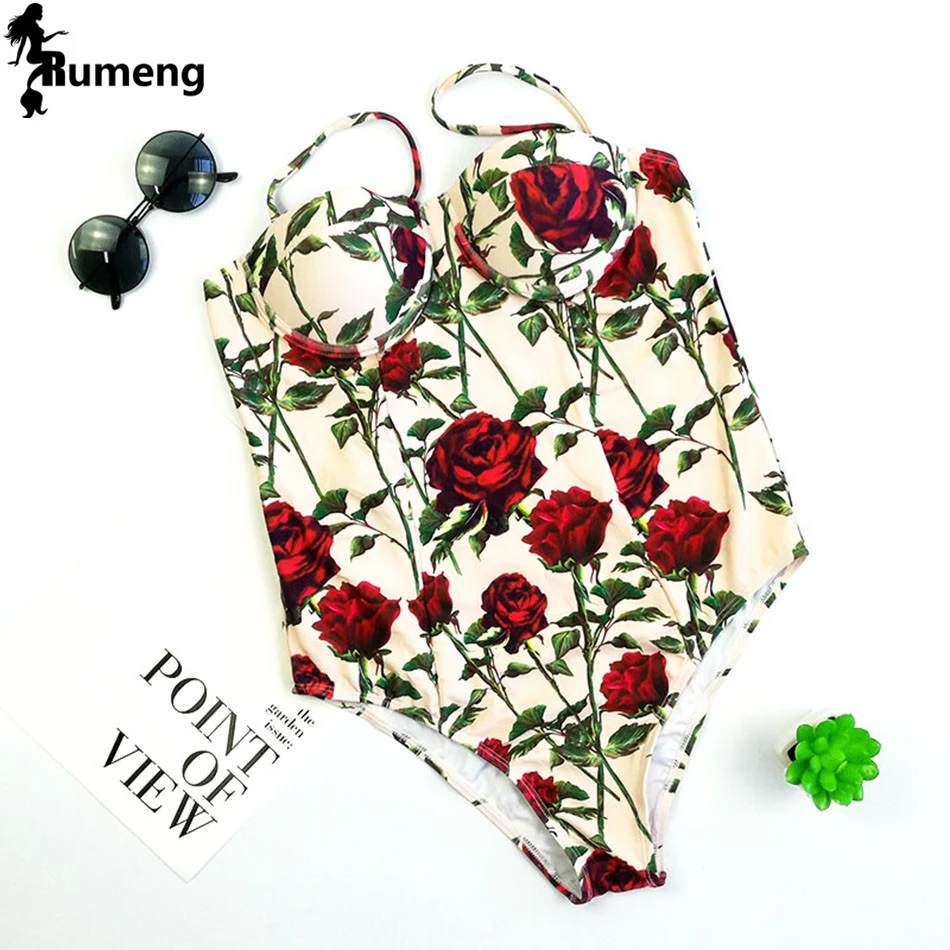

RUMENG Floral Print flora One piece High Waist Swimsuit Sexy Bikini Retro Bathing Suits Swimwear