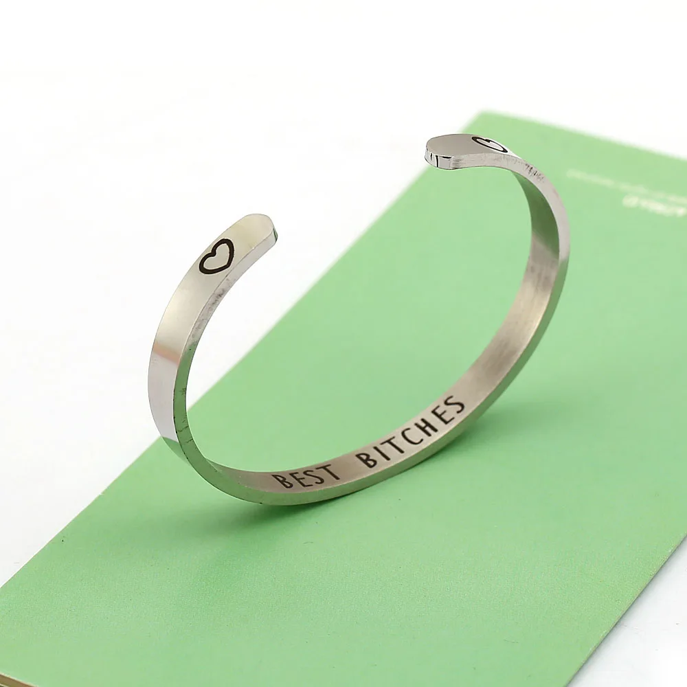 

"BEST BITCHES" Stainless Steel Engraved Mantra Bracelet Cuff Open Bangle for Women Men Jewelry