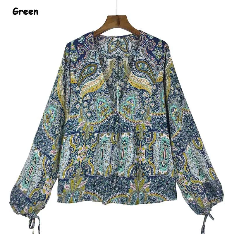 CS0812-Green Женский летний топ в богемном стиле, винтажный цветочный принт, рукав-фонарик, повседневные топы, блузка, рубашка размера плюс - Цвет: CS0812-Green