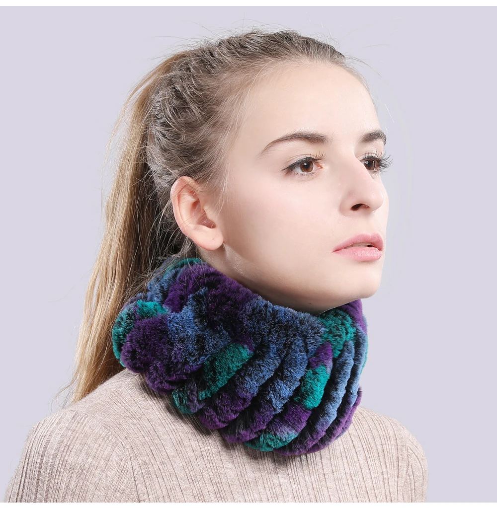 Women Real Fur Handmade Stretch Fur Scarf Knit Genuine Rex Rabbit Fur Headbands Girls Natural Fur Ring Cowl Snood Scarves Winter