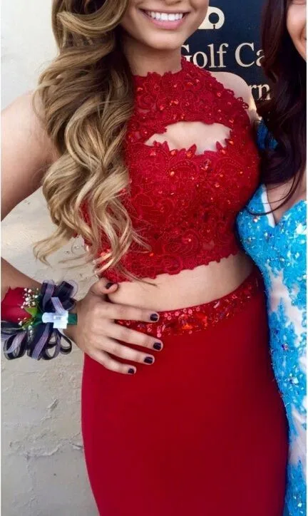 Новое Поступление 2 Шт. Бургундия Пром Платья Высокая Шея Холтер Хрустальные