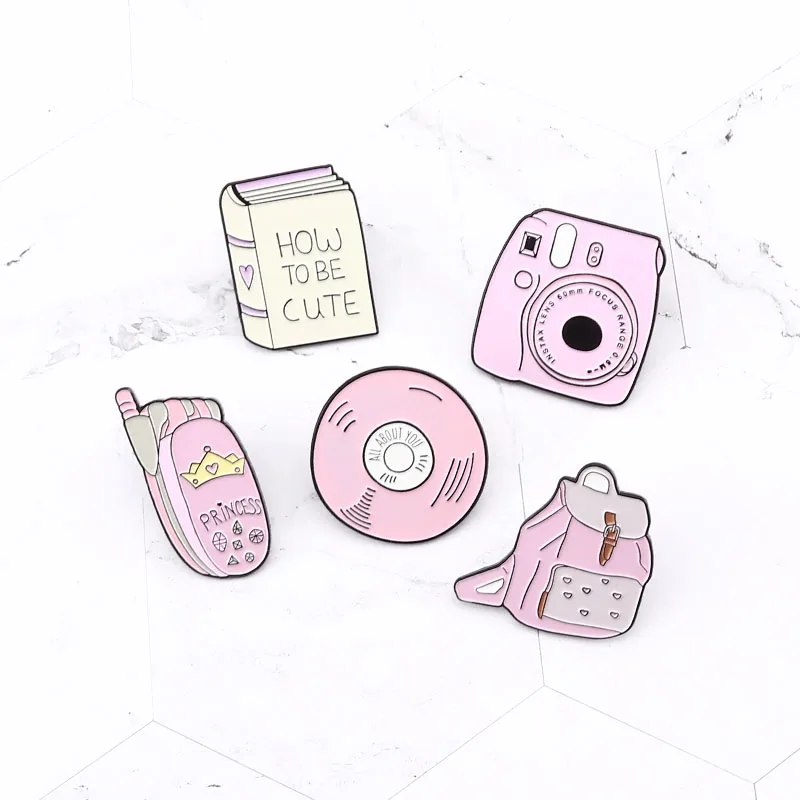 Розовые булавки Рюкзак Книги камера мобильный телефон CD эмаль Pin