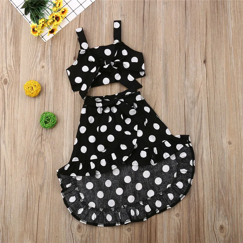 

Kids Baby Girls Polka Dot Clothes Sets Vintage Sling Bow Vest Crop Tops Irregular Lace-up Skirts 2Pcs Girl Summer Outfits 1-6Y