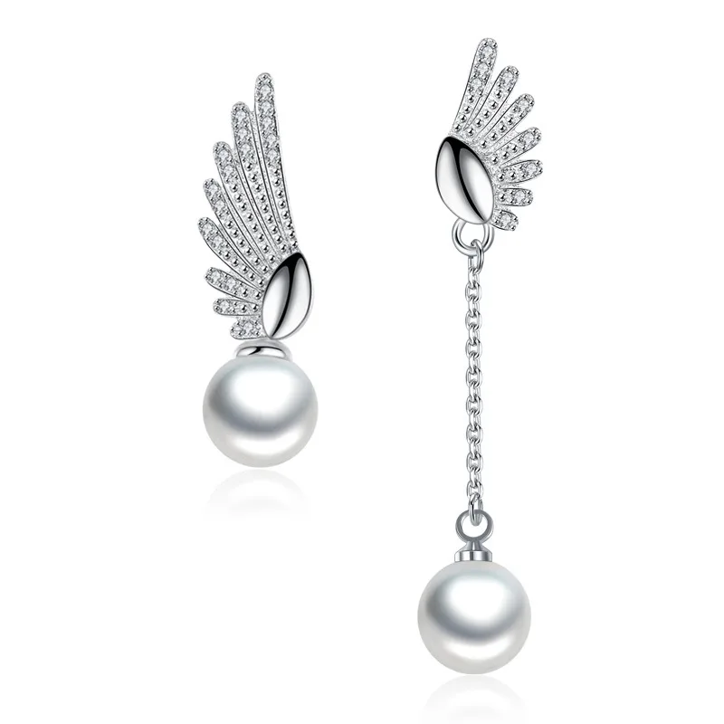 

MEYRROYU Asymmetrical New Elegant Silver Double Angel Wing Earrings Women's Elegant Charm Long and Short Earrin