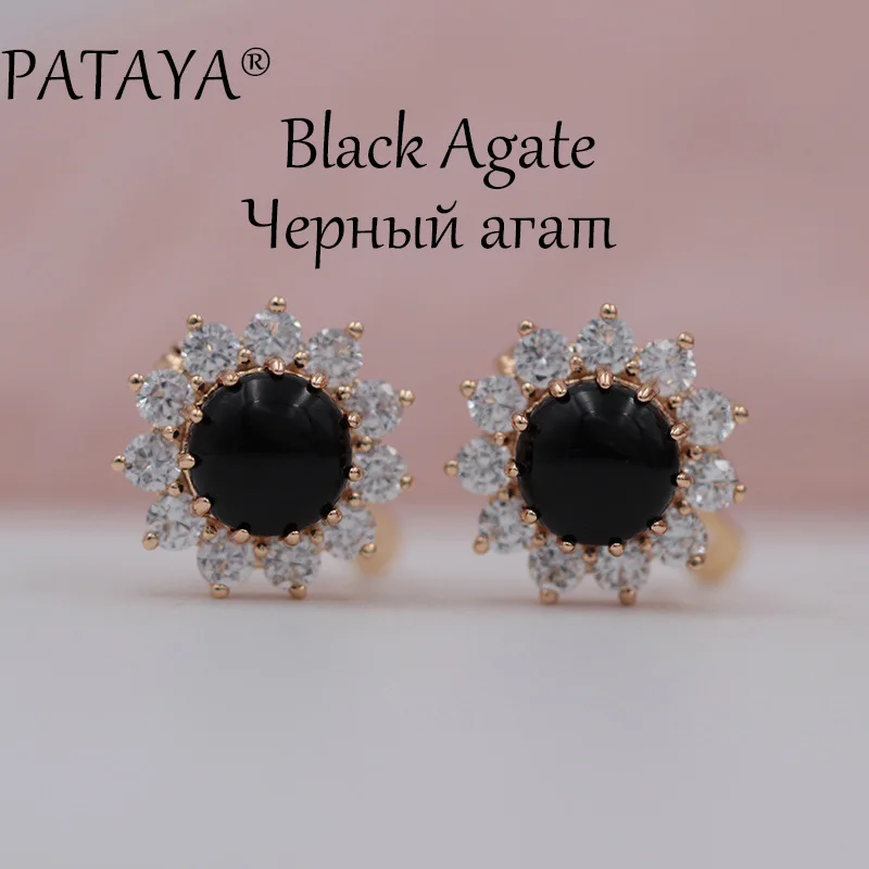 Black Agate PATAYA, новинка 585, женские Роскошные вечерние свадебные ювелирные изделия из розового золота, подсолнечник, оникс, натуральный камень, капли воды, кубический цирконий, большие серьги - Окраска металла: Black Agate