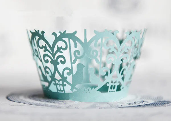 

Free Shipping pearl paper wedding party decoration supplies blue lace birds cupcake wrapper laser muffin cup cake cups wrappers