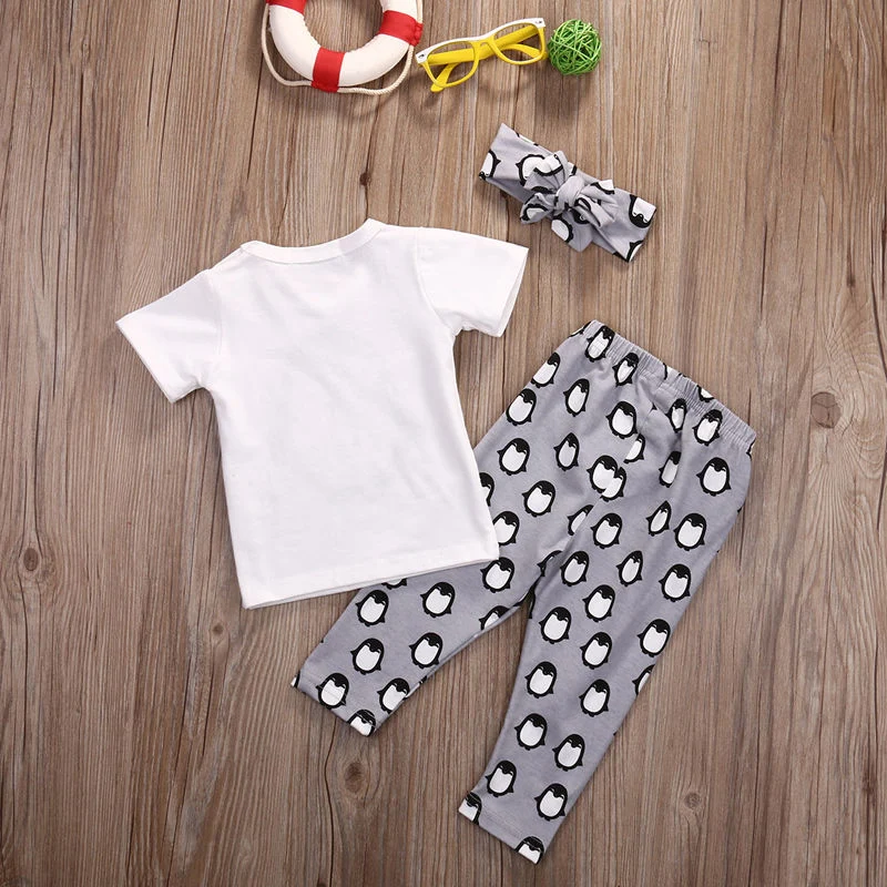 Одежда для маленьких девочек 2017 г. хлопок короткий рукав Футболка + Брюки повязка