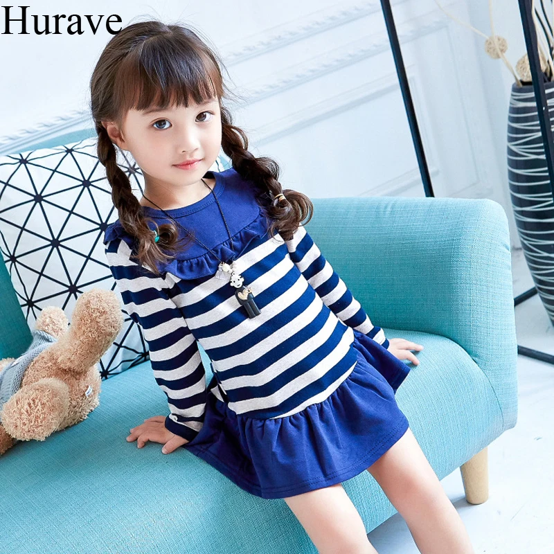 Hurave Spring and Autumn Children 's Wear Navy Style Cotton Long Sleeve Stripe Hem Patchwork Lotus Leaf Dress girl dress | Детская