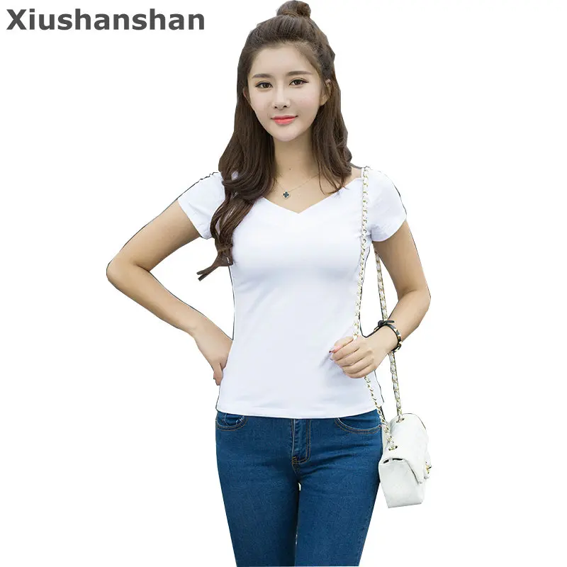 Xiushanshan Повседневное Для женщин хлопковые футболки двойной V шеи короткий рукав 8