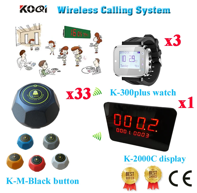 

Wireless Table Waiter Service Call Bell Paging System Pager Buzzer 1-Key Bell With CE( 1 display+ 3 watch+ 33 call button)