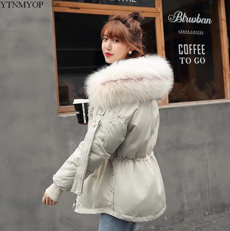 beige style 2 YTNMYOP Large Fur Collar Winter Coat Women Hooded Parkas Short Cotton Padded Jacket Coat Thickening Warm Wadded Jacket Female - Цвет: beige style 2