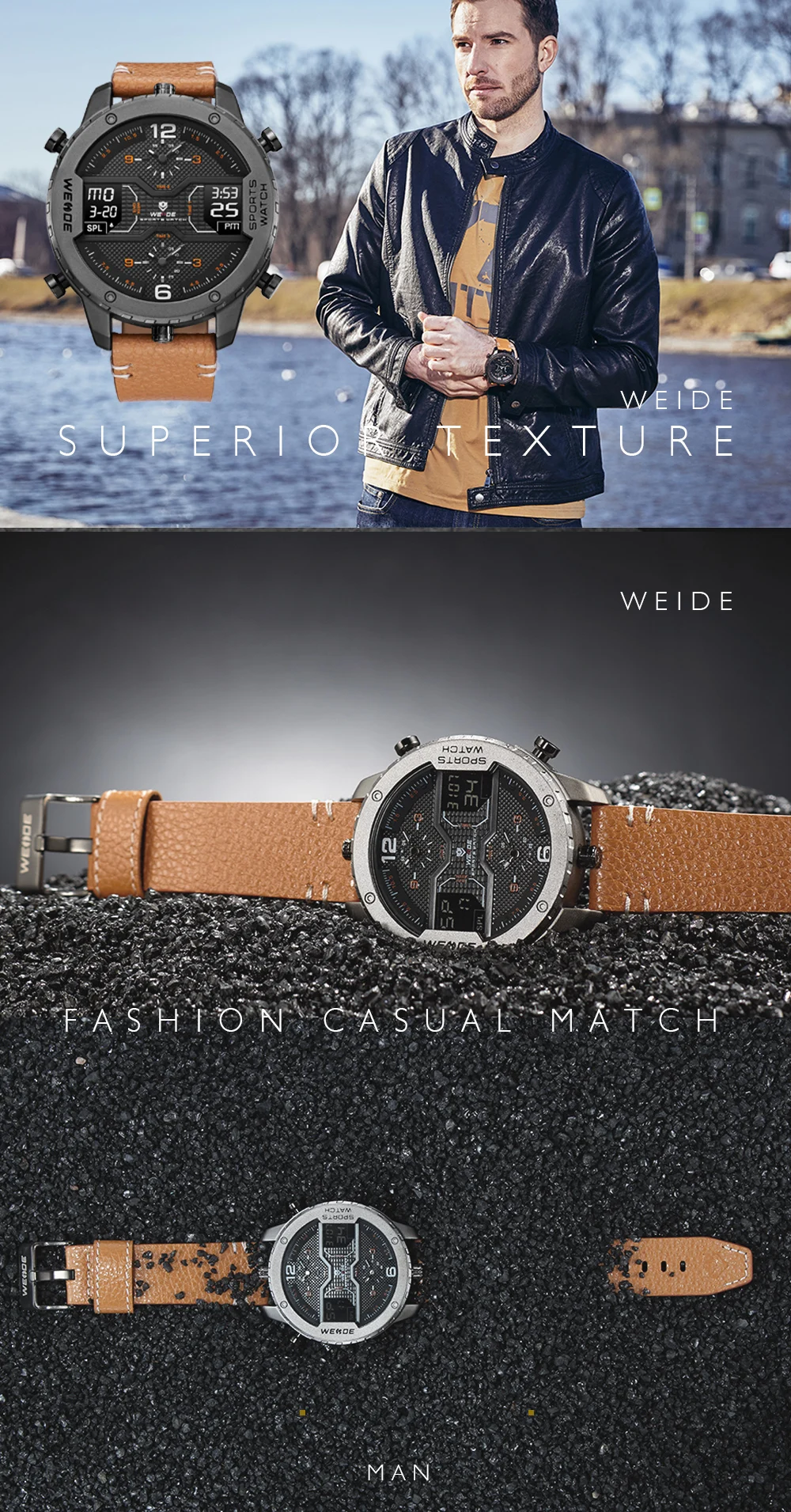 WEIDE мужские спортивные аналоговые цифровые часы с календарем и датой, кварцевые часы с ремешком из натуральной кожи, наручные часы Relogio Masculino, военные повседневные часы