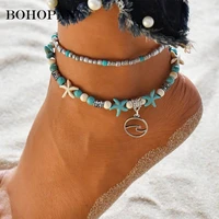 double deck beads anklets for women round metal pendant design summer beach accessories bohemian jewelry leg foot chain gift