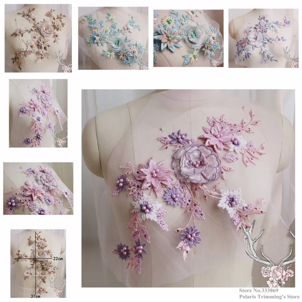 Handmade Pink Purple Beaded Pearled Rhinestoned 3D Flower Embroidery Organza Lace Applique Collar Patches Neckline 3pcs/lot M25C | Дом и сад