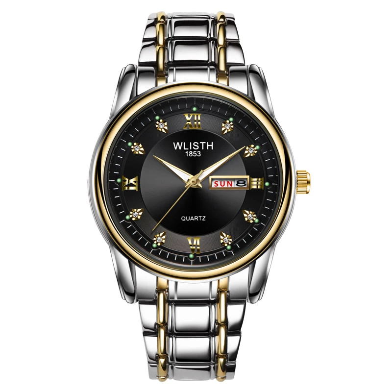 steel gold black Лидирующий бренд, роскошные модные мужские часы, спортивные кварцевые наручные часы для мужчин, деловые водонепроницаемые часы с датой и неделей, мужские часы - Цвет: steel gold black