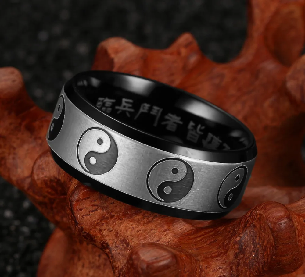 Мужское кольцо с символом Yin Yang черное из нержавеющей стали 8 мм для свадебной