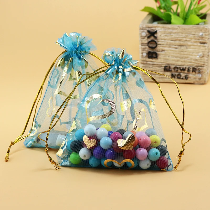 100pcs 20x30cm Chinese Style Lake Blue Color Heart Organza Wedding Favor Gift Candy Packaging Bags Pouches From | Украшения и