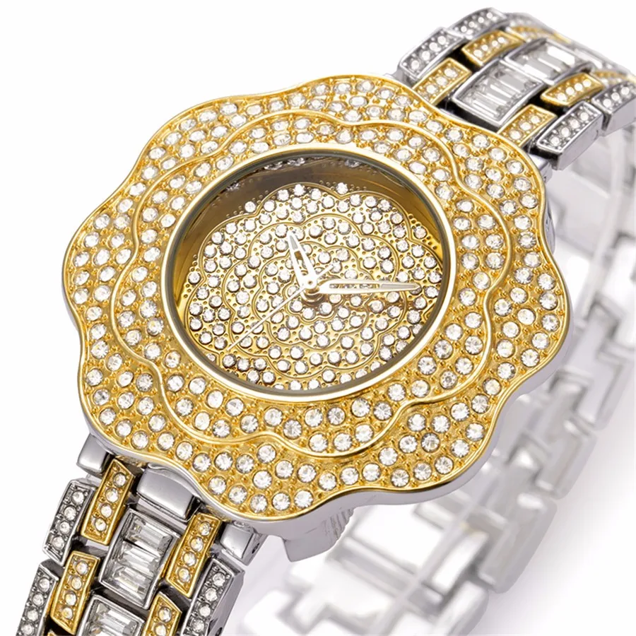 Топ Марка Роскошные Rhinestone Цветок Женщины Золотые Часы Из Нержавеющей Стали