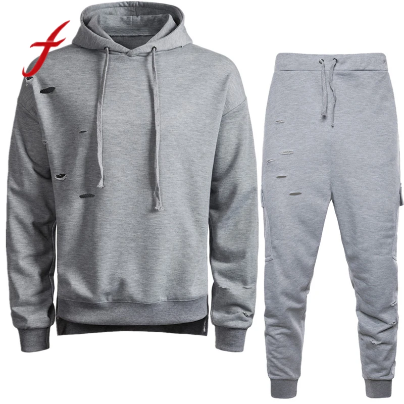 Gray Мужская одежда, спортивный костюм, зимний костюм, повседневный однотонный топ и штаны, комплекты, спортивные костюмы, пуловер, модный костюм Harajuku ropa hombre - Цвет: Gray