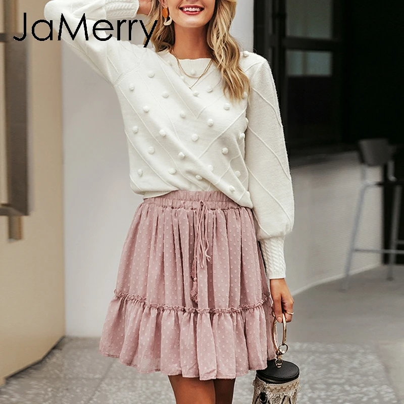 JaMerry, винтажные, элегантные, с меховым помпоном, женские свитера с рукавами-фонариками, вязаный свитер, женская уличная одежда, Повседневный, милый пуловер, джемпер