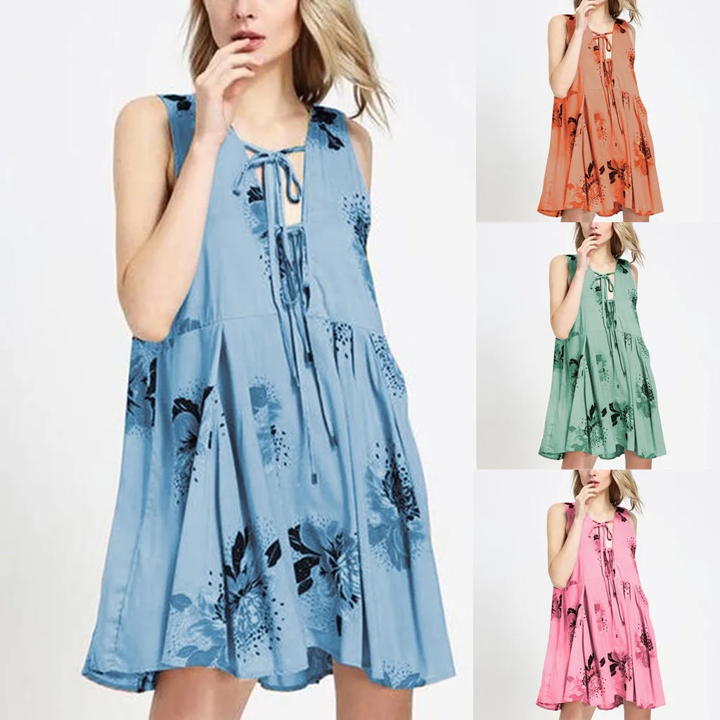 Платье повседневное мини платье женское с цветочным принтом Бандажное Без