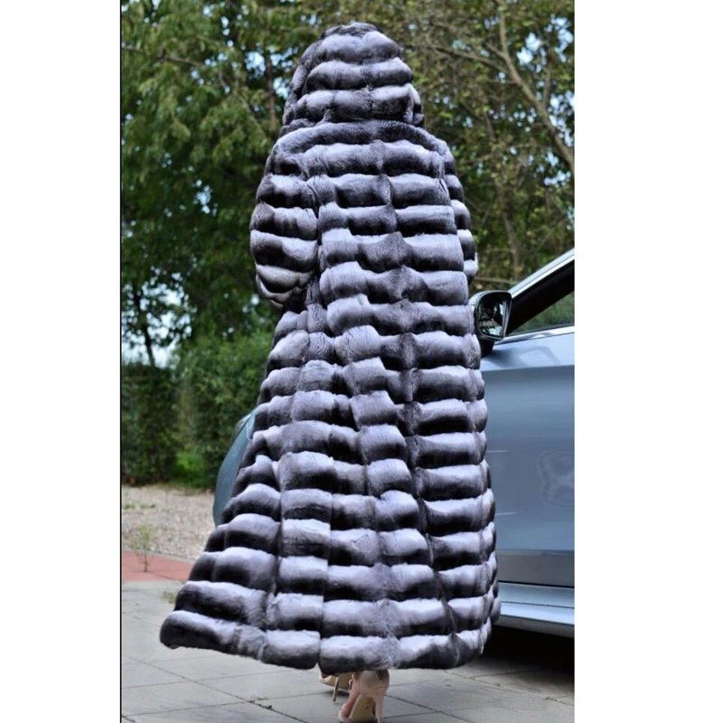 130cm Long Real Rex Rabbit Fur Coat Turn-down Collar 2022 New Trendy Chinchilla Color Genuine Rex Rabbit Fur Coats 130cm Long