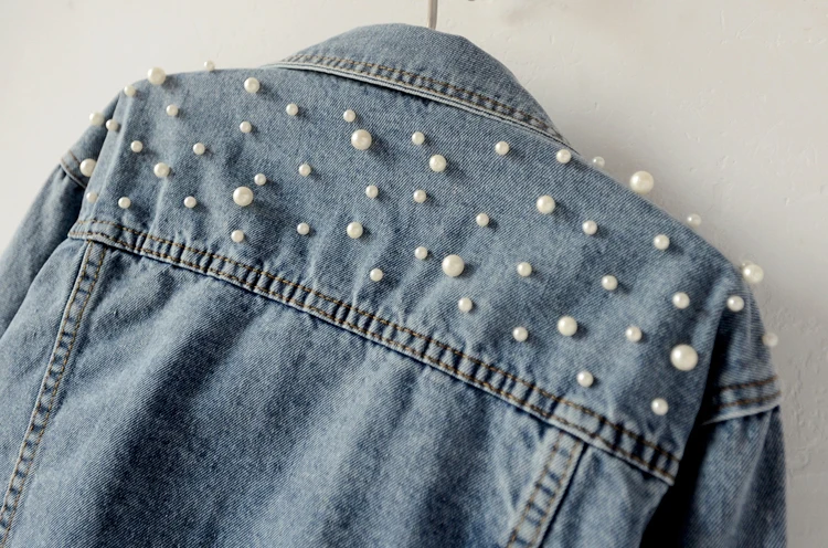 Plus Size Pearl Beading Short Denim Jackets 3Xl 5Xl Women White Wash Long Sleeve Vintage Casual Jean Jacket Bomber Coat | Женская одежда