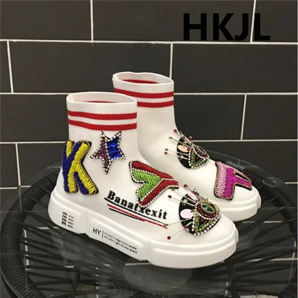 HKJL модные высокие толстая подошва эластичные вязаные носки обувь Новинка года Тяжелая вода дрель письмо уличная модная обувь для женщин