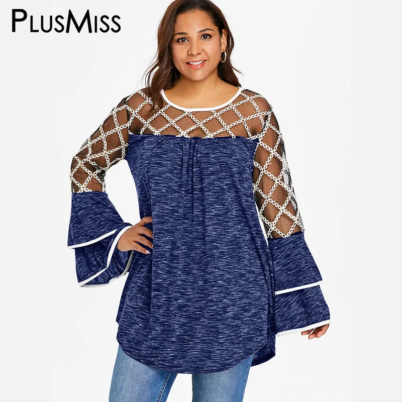 PlusMiss плюс размеры пикантные сетчатые рюшами Топы с рукавом бабочка для женщин XXXXL