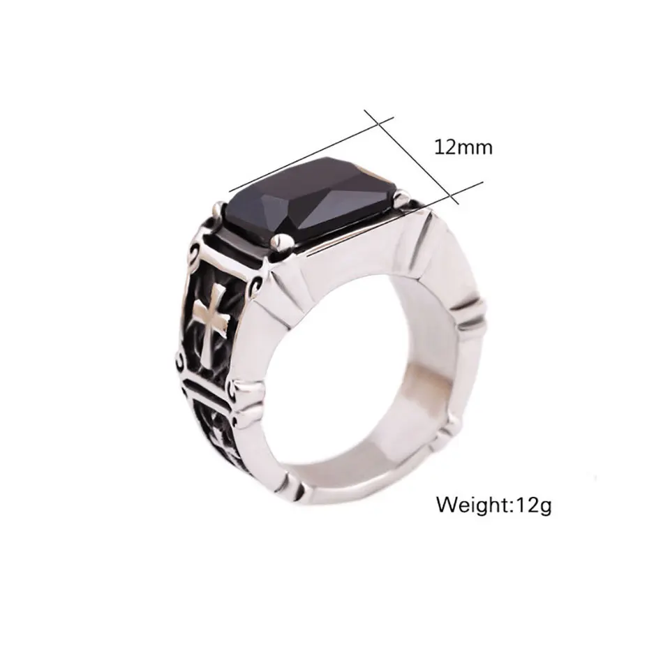 Male Stainless Steel Carved Cross Rings Antique Silver Rectangle Big Red Stone Ring Religious Punk Wedding Fashion Jewelry | Украшения и