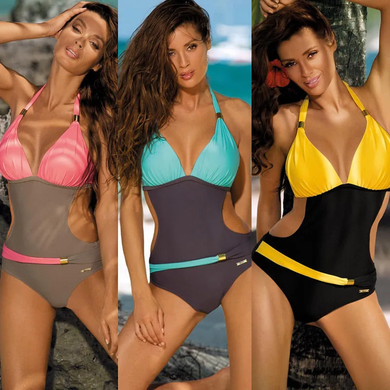 

2018 Sexy Women Swimwear One Piece Swimsuit Halter Patchwork Monokini Push Up Padded Bikini Bathing Suit New Brazilian Swimsuits