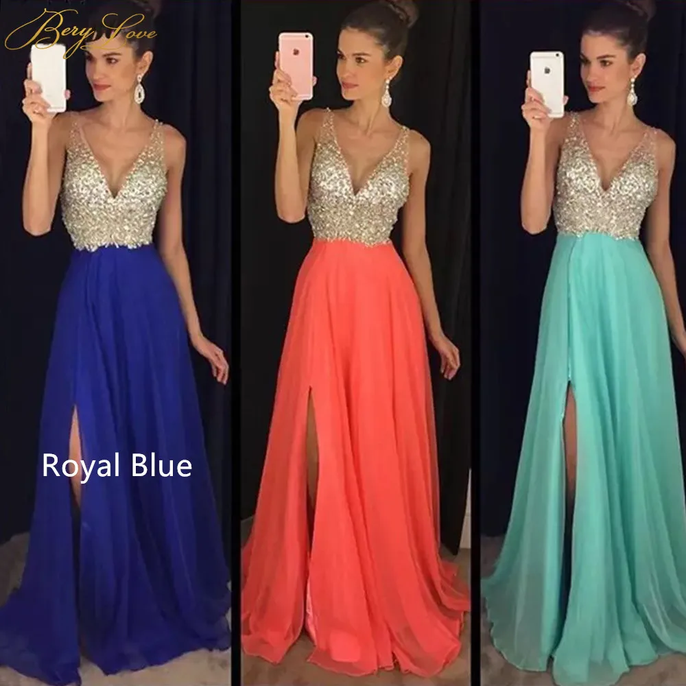 Royal Blue Румяно-розовое элегантное вечернее платье с кристаллами и бисером, сексуальное шифоновое платье с v-образным вырезом и высоким разрезом, длинное платье для выпускного вечера - Цвет: Royal Blue